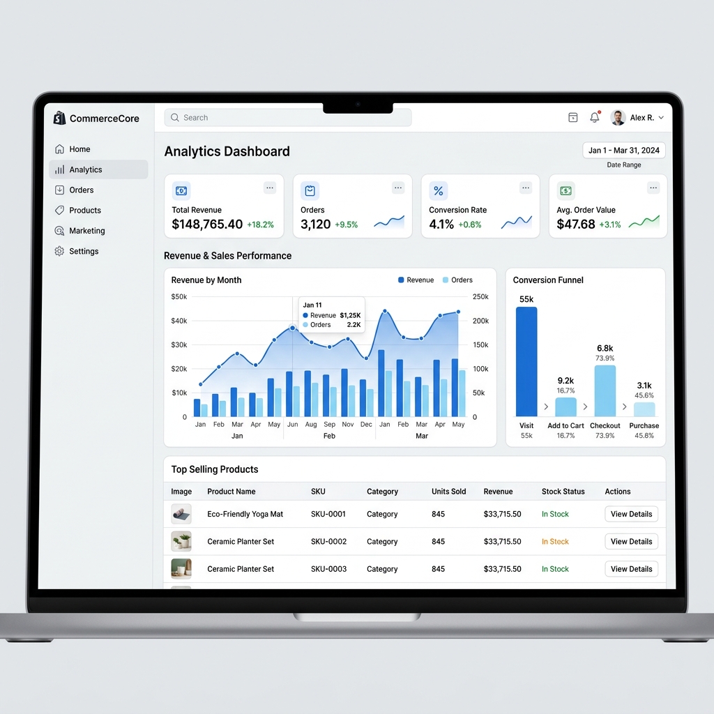 Minimalist direct-to-consumer store dashboard showing sales conversion metrics and checkout flows