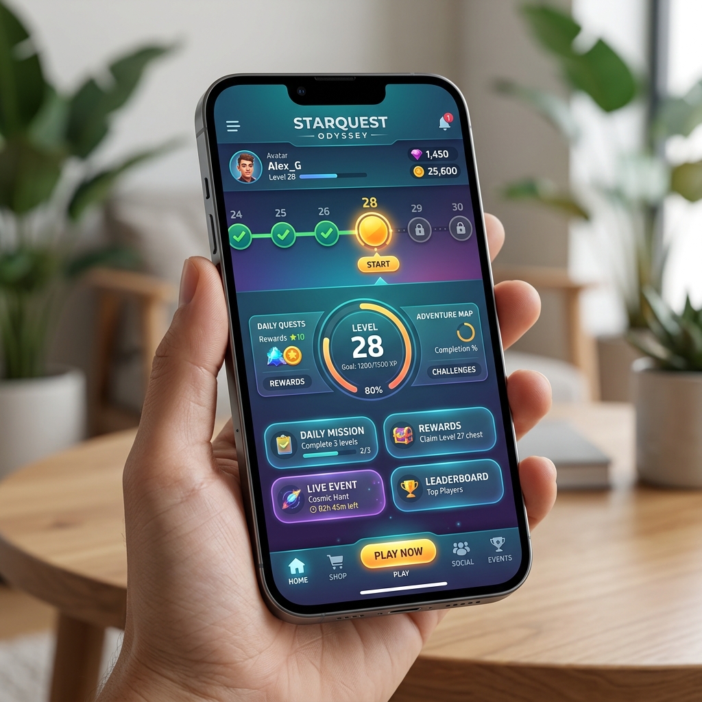 Premium casual mobile game interface showing level benchmarks and player progress metrics